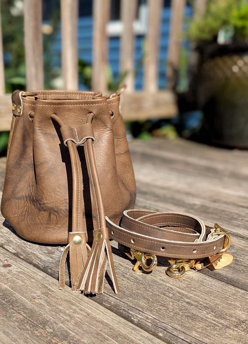KMM&Co mini Olive Crunch bucket BNNU w/matching 2-ply strap